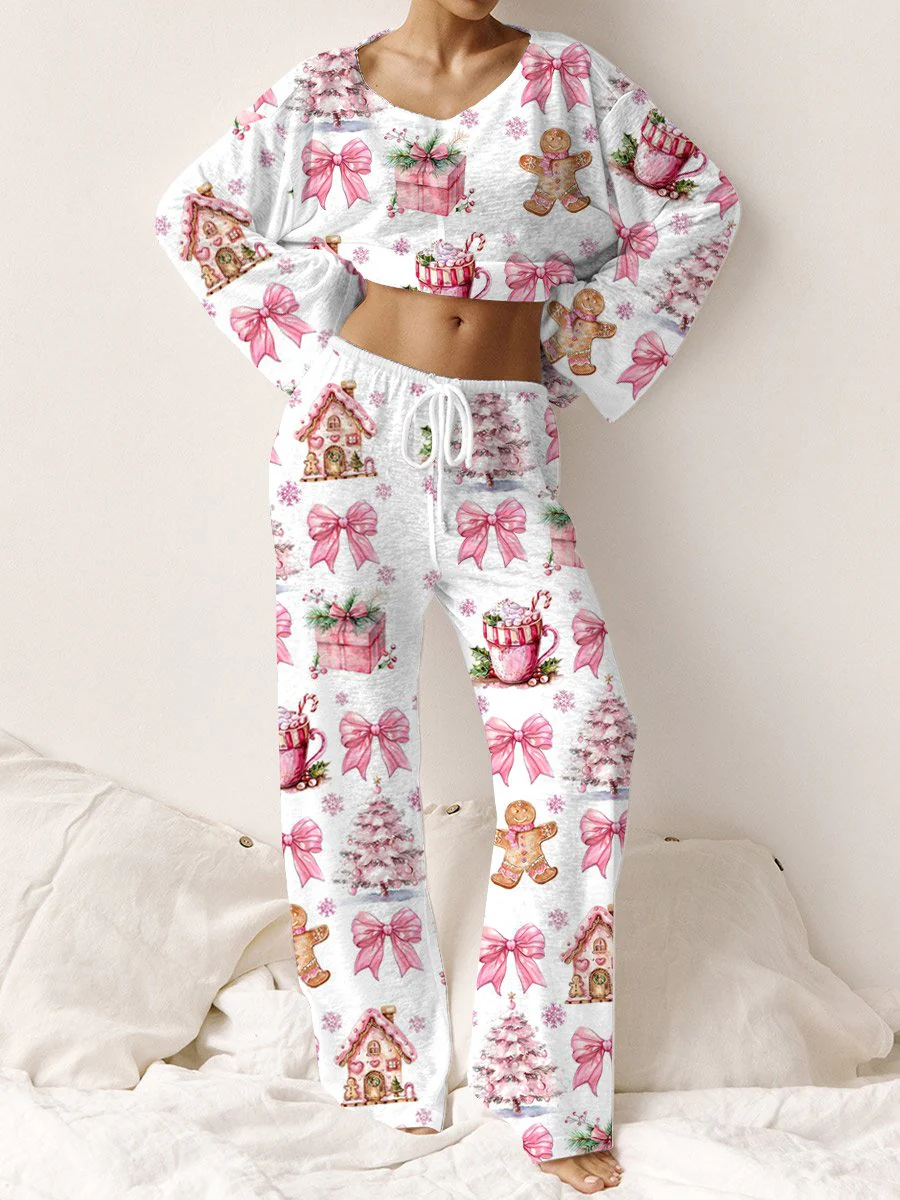 Women's Cotton Pink Christmas Printed Home Long Sleeve Suit - Image 2