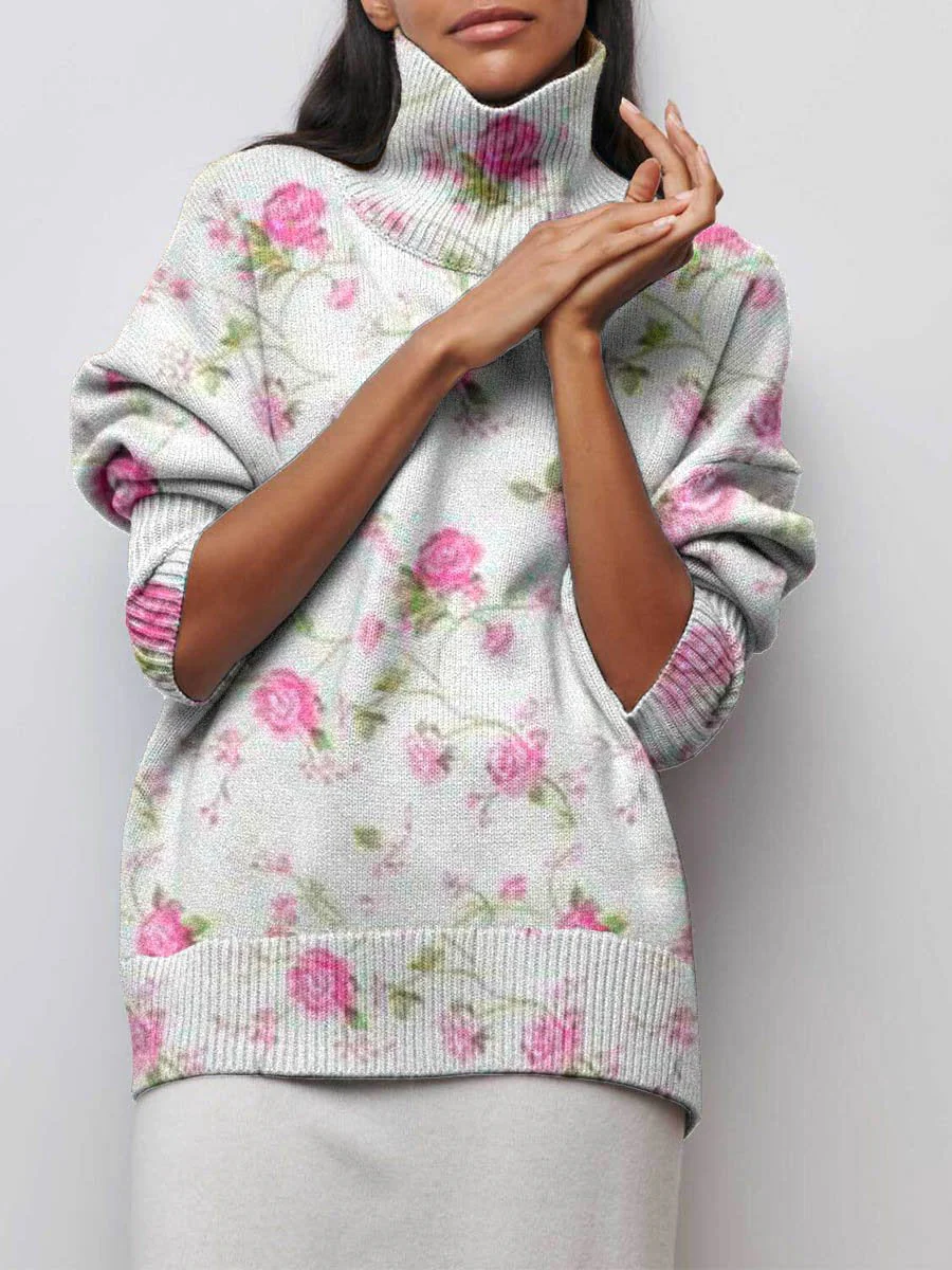 Women's Country Style Floral Pattern Turtleneck Sweater