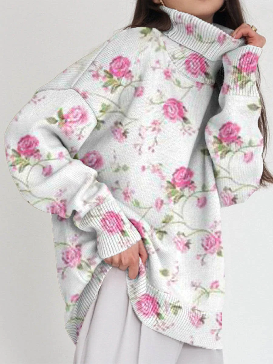 Women's Country Style Floral Pattern Turtleneck Sweater - Image 2