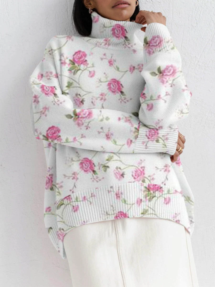 Women's Country Style Floral Pattern Turtleneck Sweater - Image 3