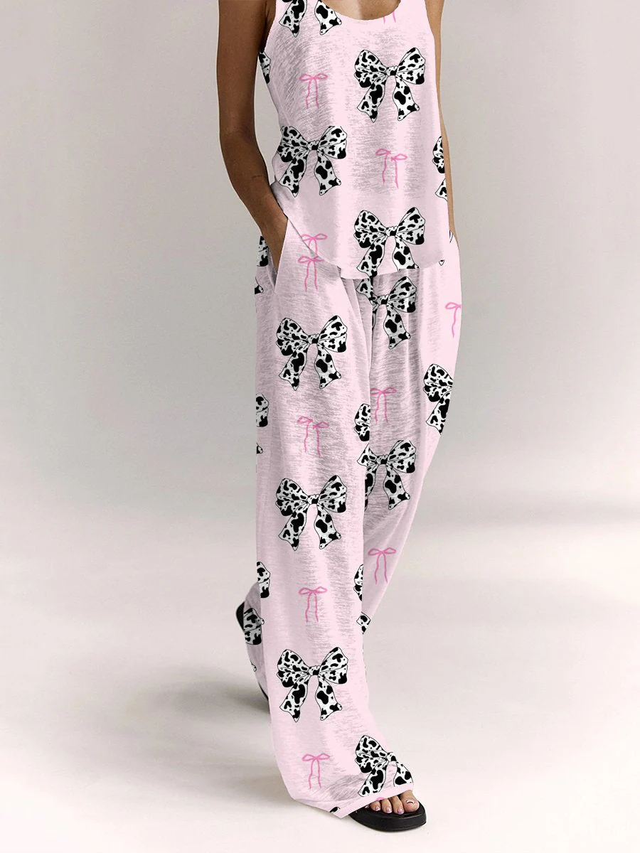 Women's Cow Bow Short Sleeve Pants Suit - Image 2