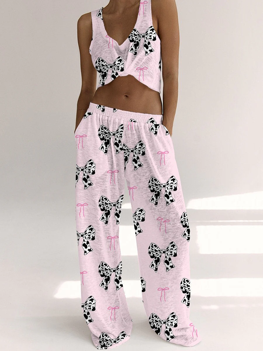Women's Cow Bow Short Sleeve Pants Suit - Image 3