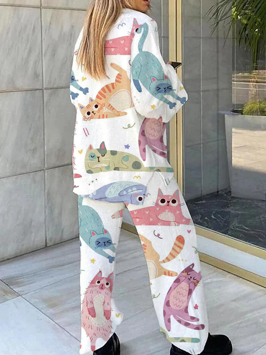 Women's Cute Cat Print Pajama Set - Image 2