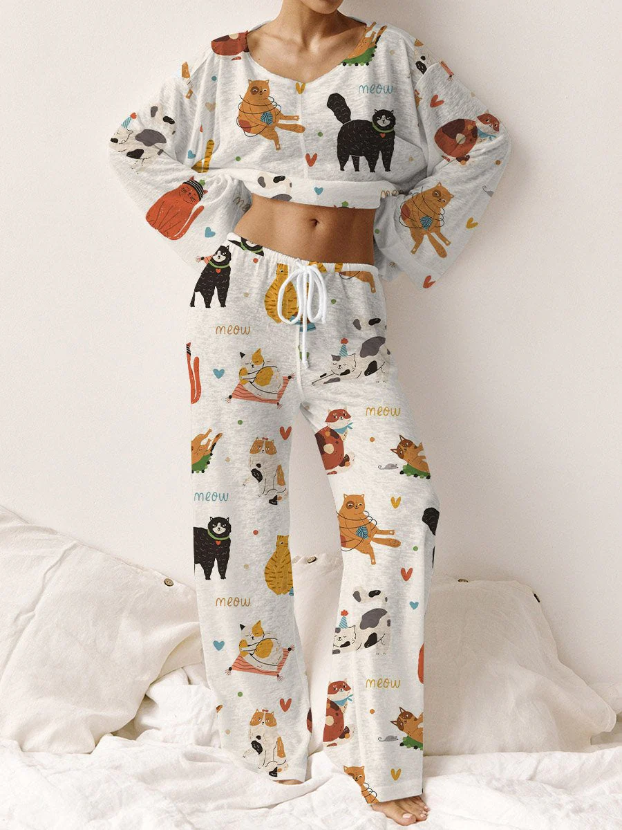Women's Cute Cat Print Round Neck  Suit