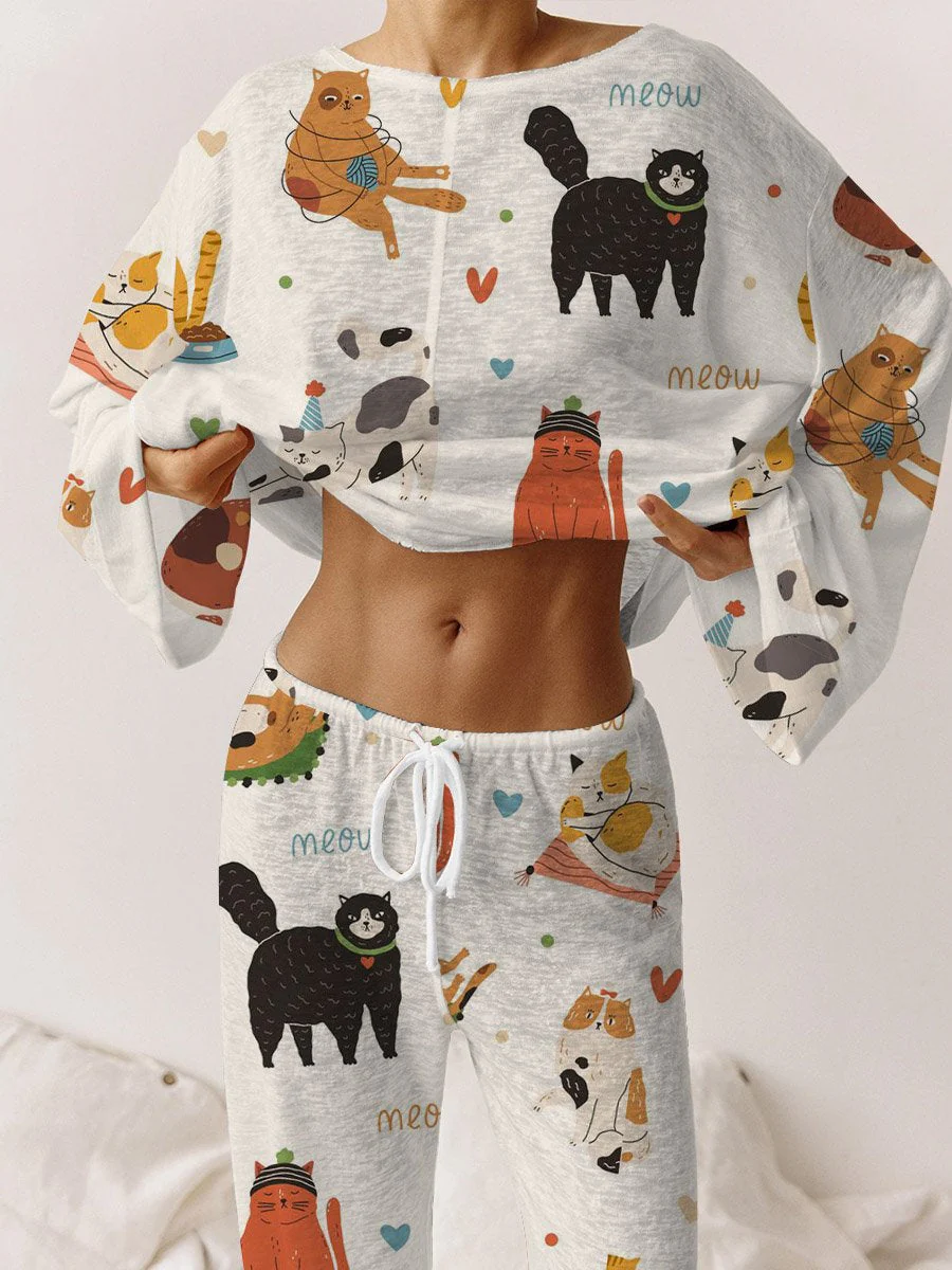 Women's Cute Cat Print Round Neck  Suit - Image 2