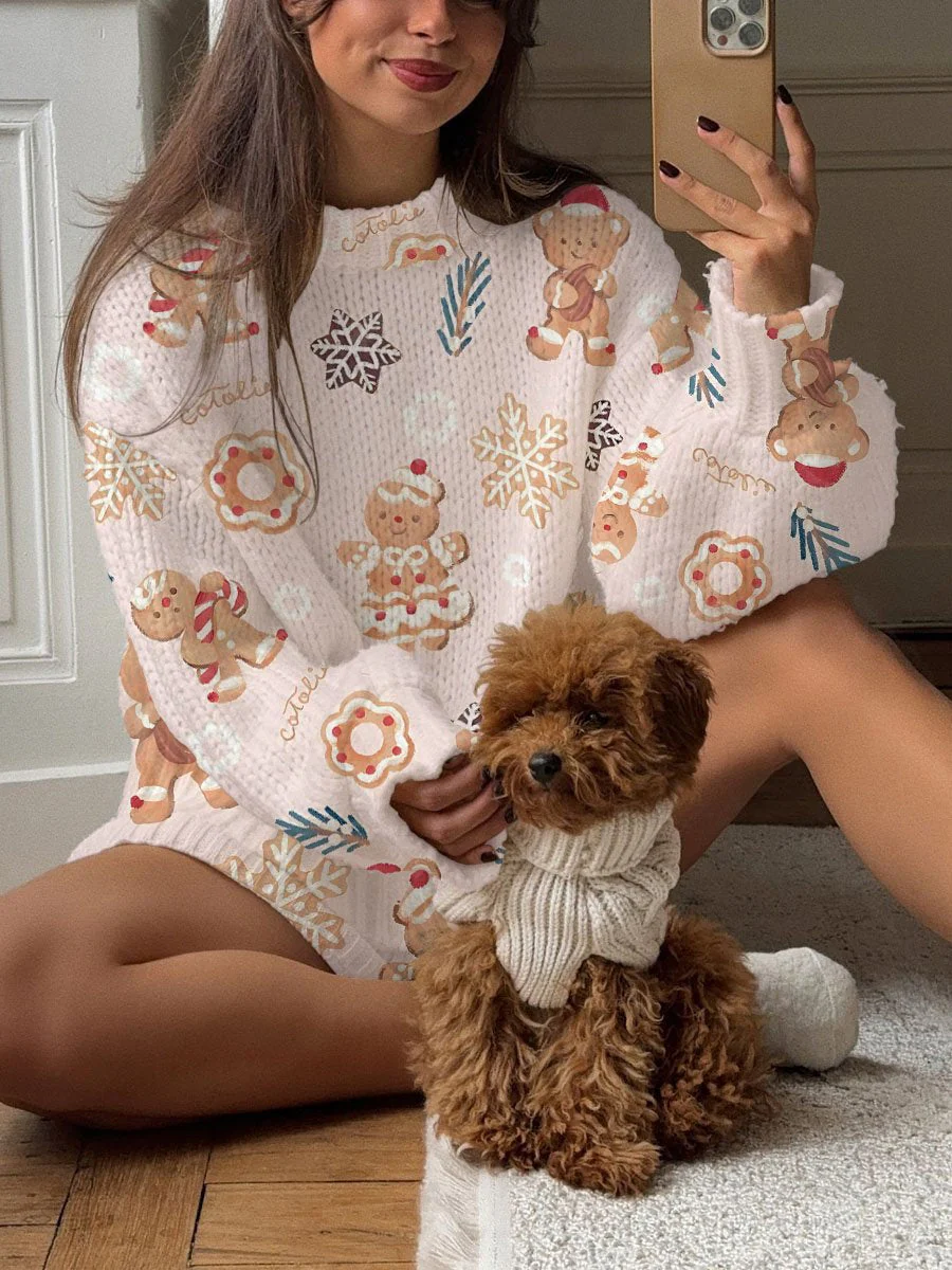 Women's Cute Christmas Gingerbread Man Print Long Sleeve Crew Neck Sweater