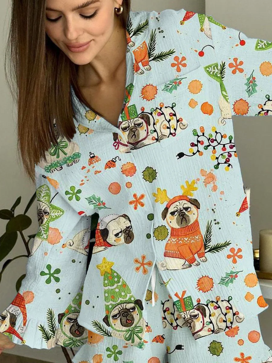 Women's Cute Sharpei Dog Print Pajama Set