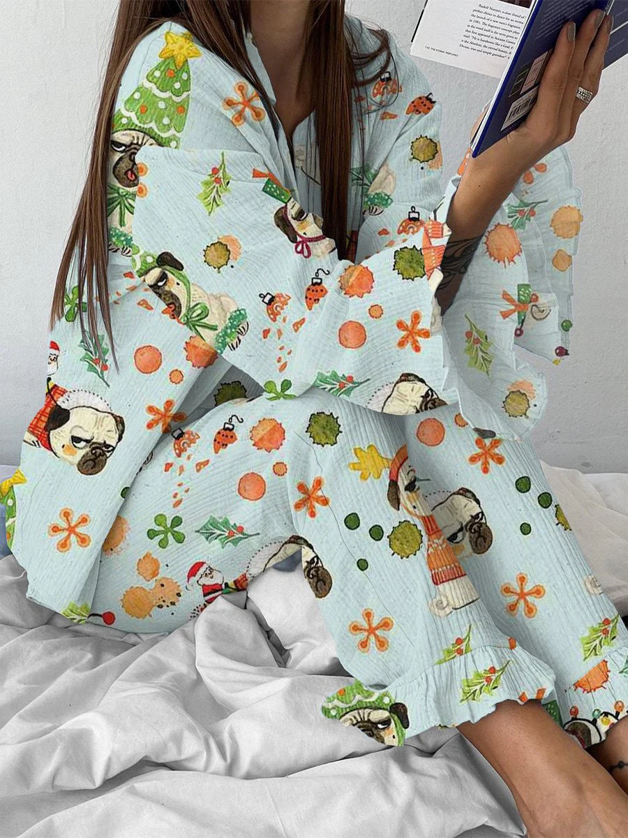 Women's Cute Sharpei Dog Print Pajama Set - Image 2