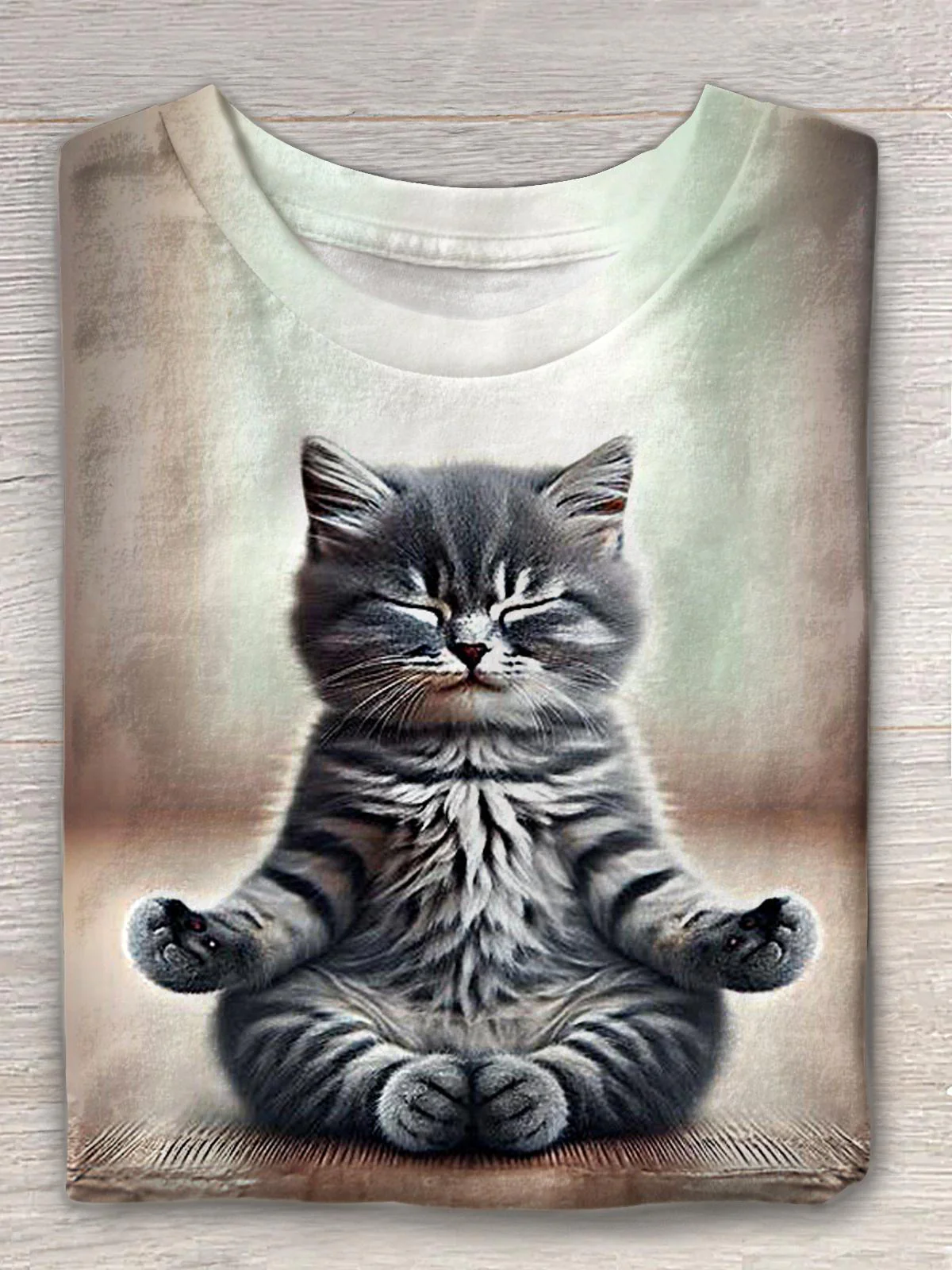 Women's Cute Yoga Cat Print Crew Neck T-shirt