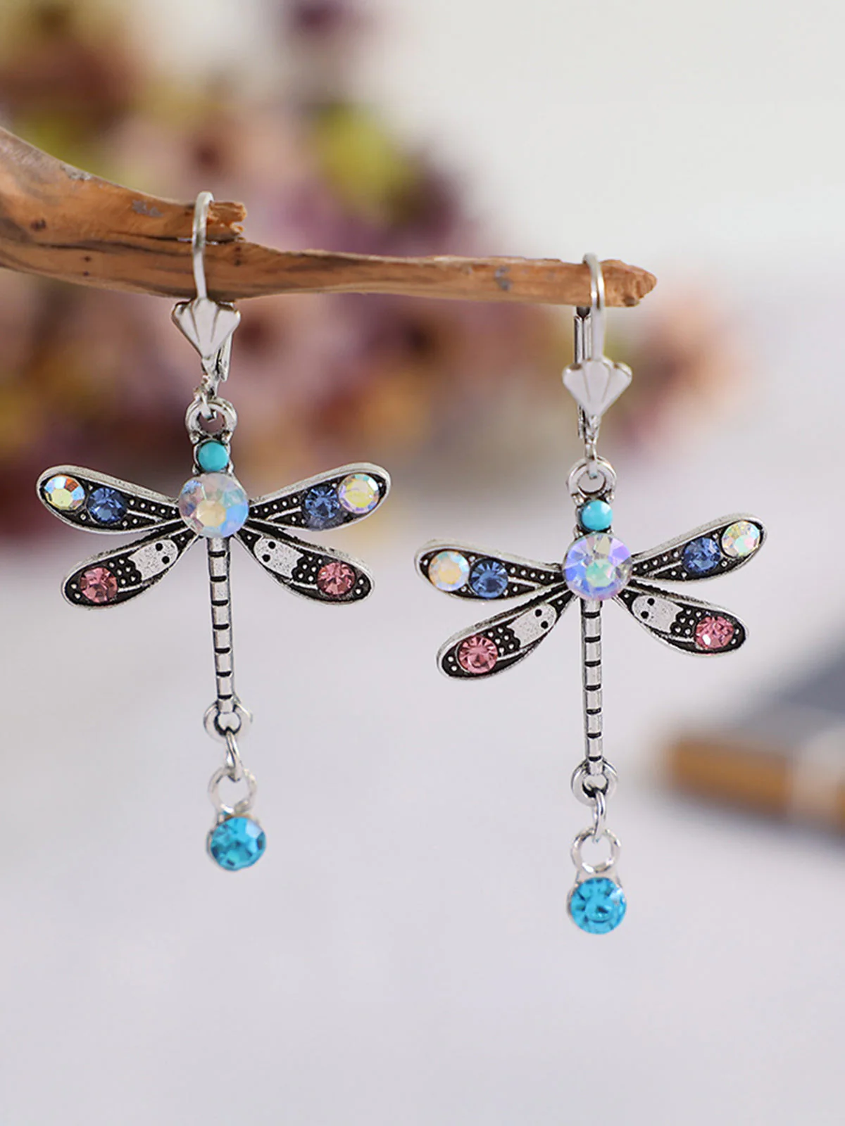 Women's Dragonfly Earrings Long Simple Colored Diamond - Image 3