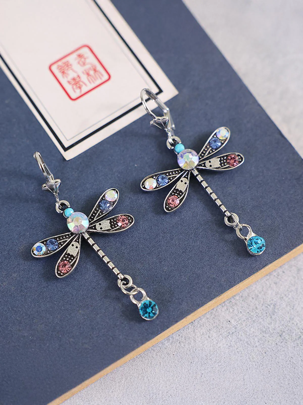 Women's Dragonfly Earrings Long Simple Colored Diamond - Image 4
