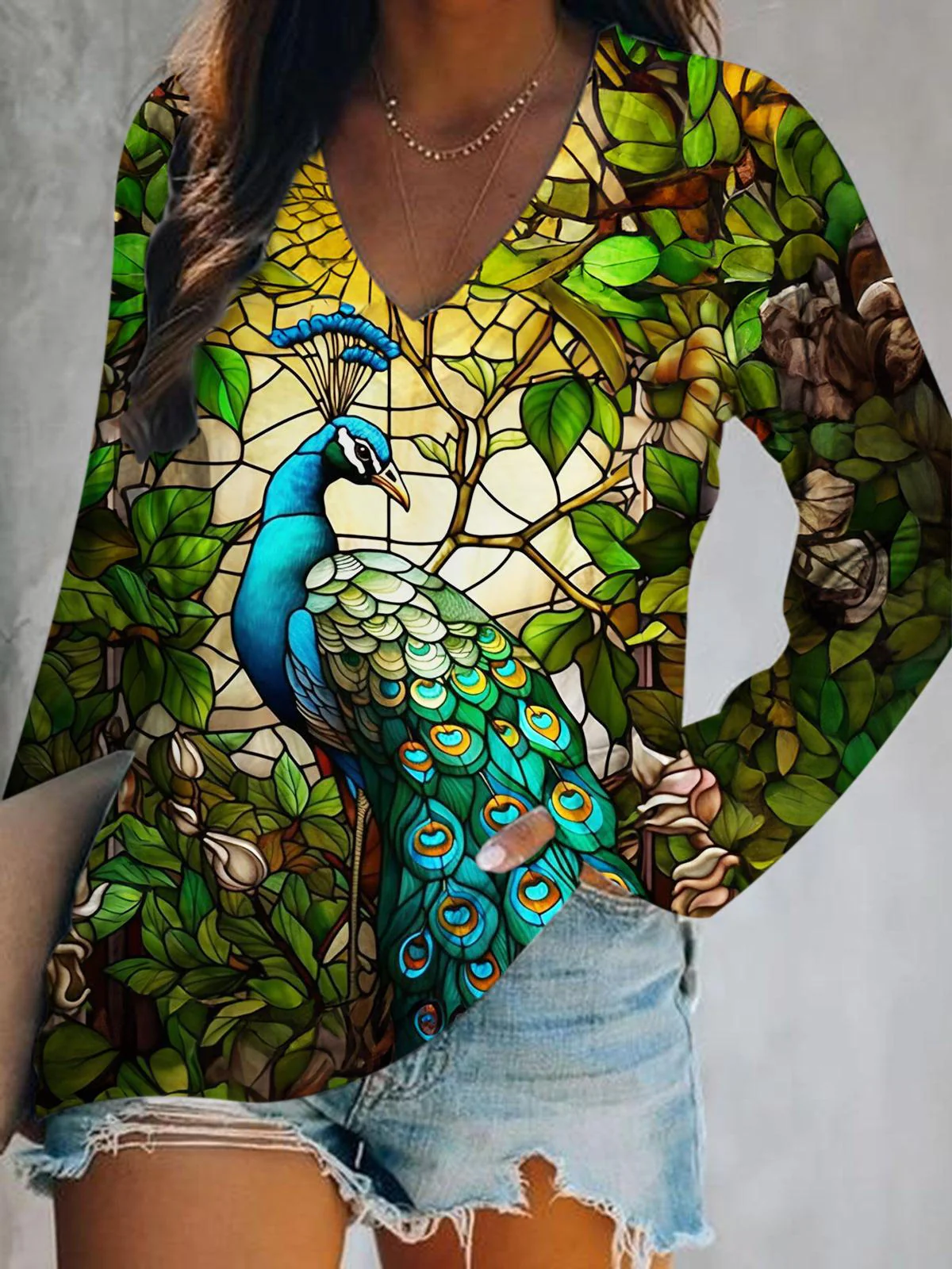 Women's Dragonfly Print V Neck Long Sleeve Top - Image 2