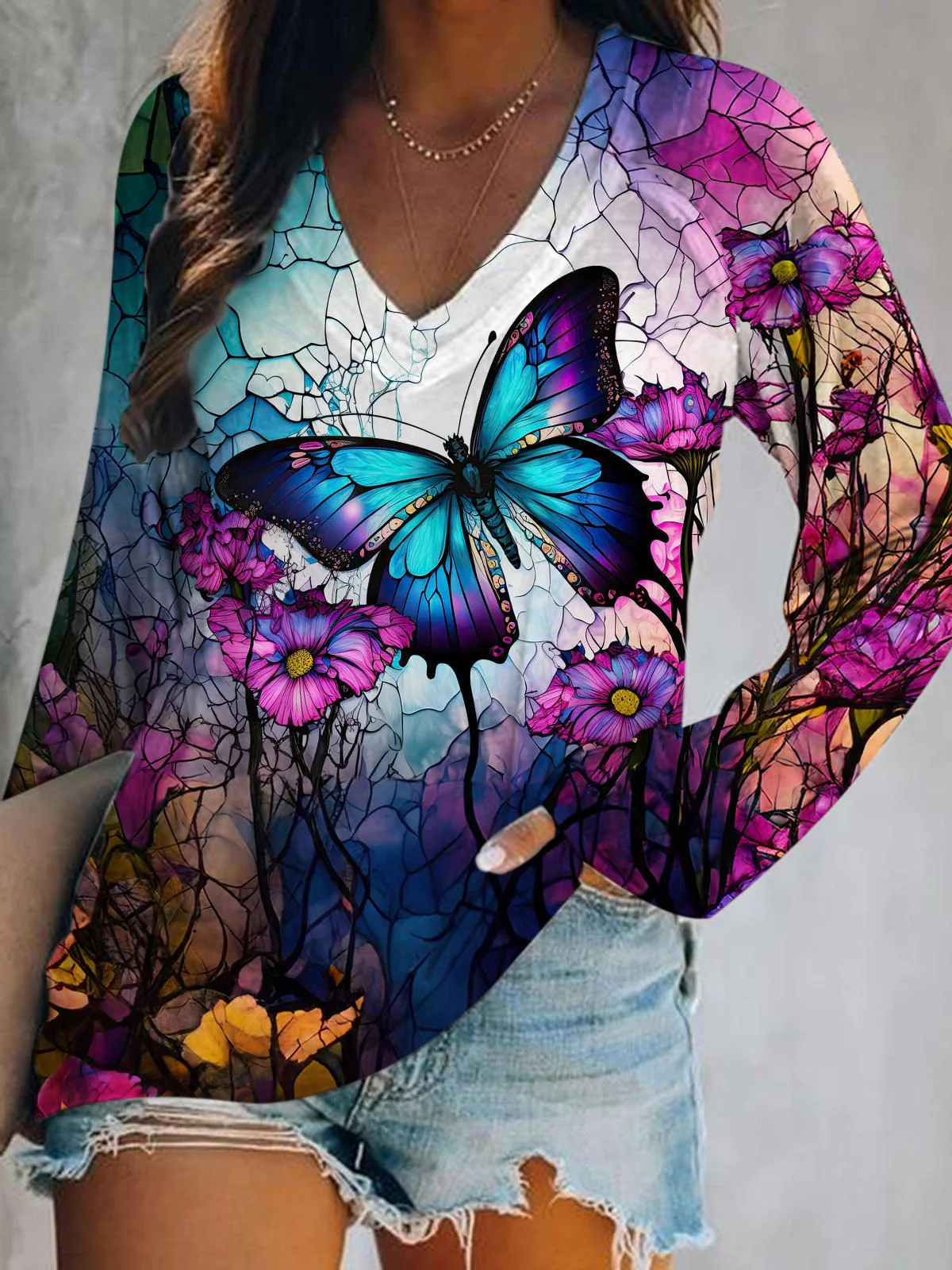 Women's Dragonfly Print V Neck Long Sleeve Top - Image 3