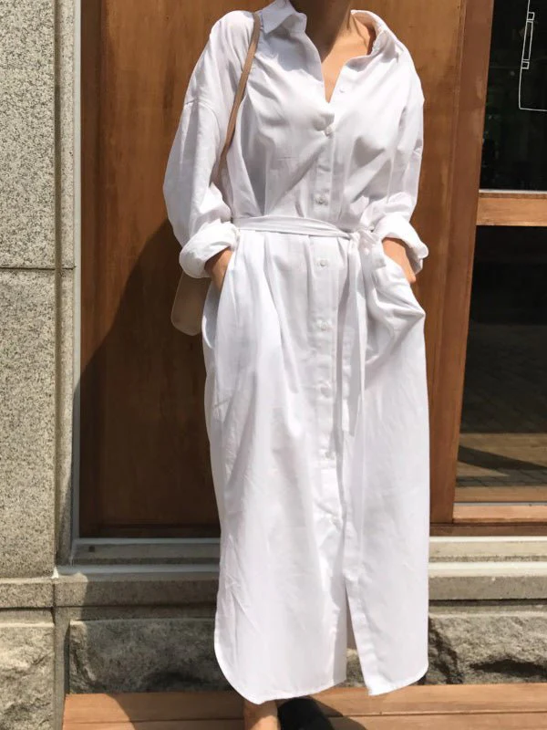 Women's Dresses Lapel Tie Button Long Sleeve Shirt Dress