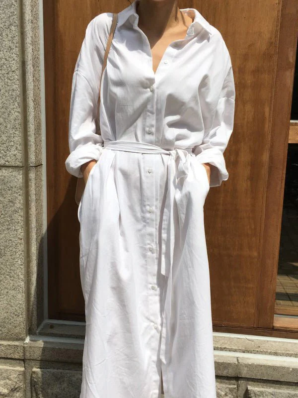 Women's Dresses Lapel Tie Button Long Sleeve Shirt Dress - Image 2