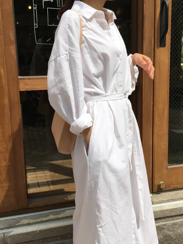 Women's Dresses Lapel Tie Button Long Sleeve Shirt Dress - Image 3