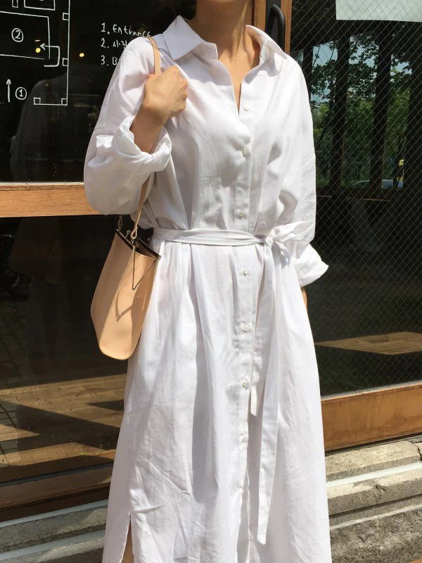Women's Dresses Lapel Tie Button Long Sleeve Shirt Dress - Image 4