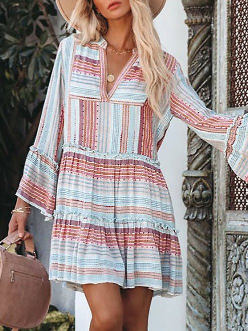 Women's Dresses Striped Print V-Neck Long Sleeve Dress - Image 3
