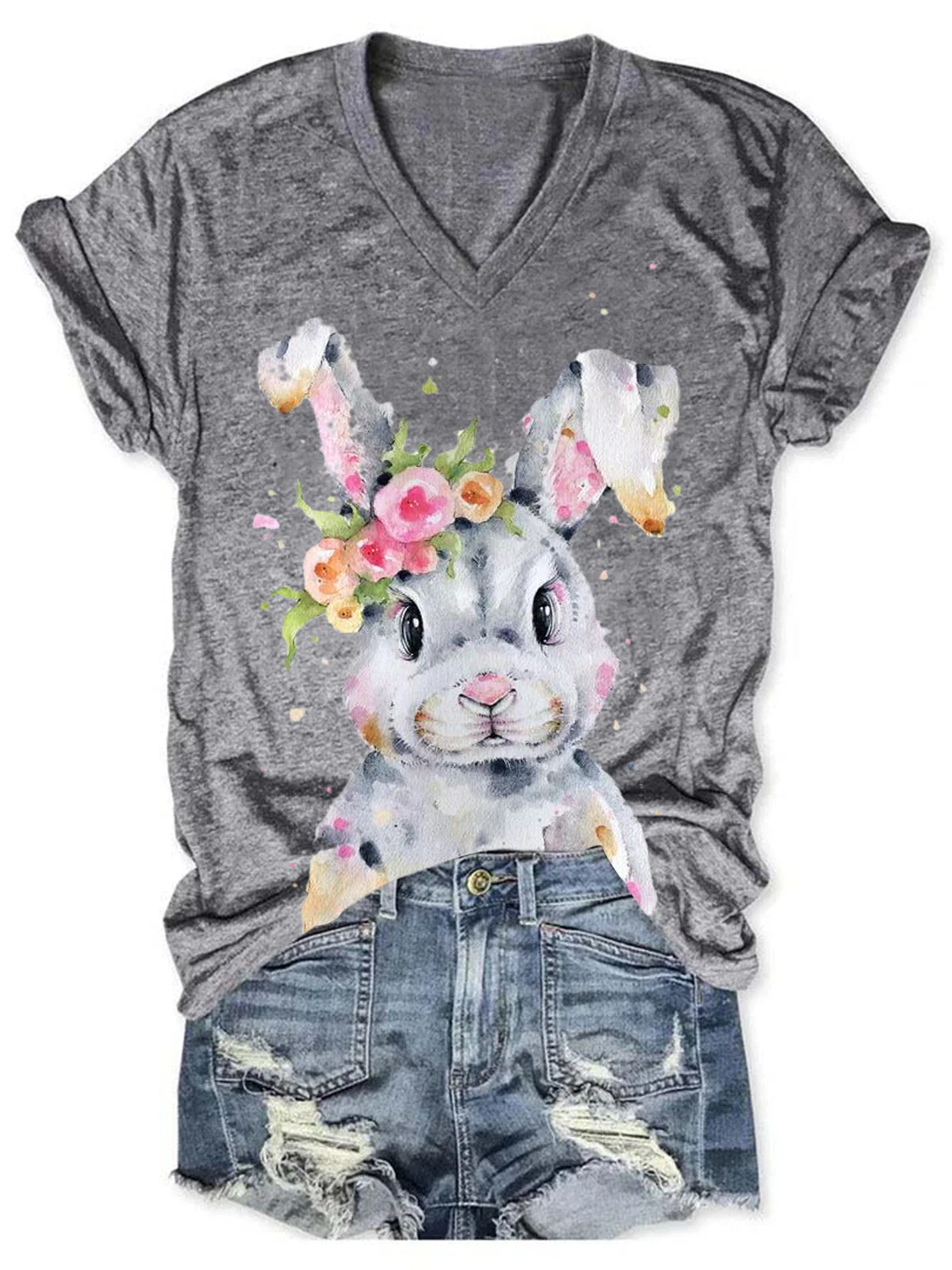 Women's Easter Bunny Print Solid T-Shirt - Image 3