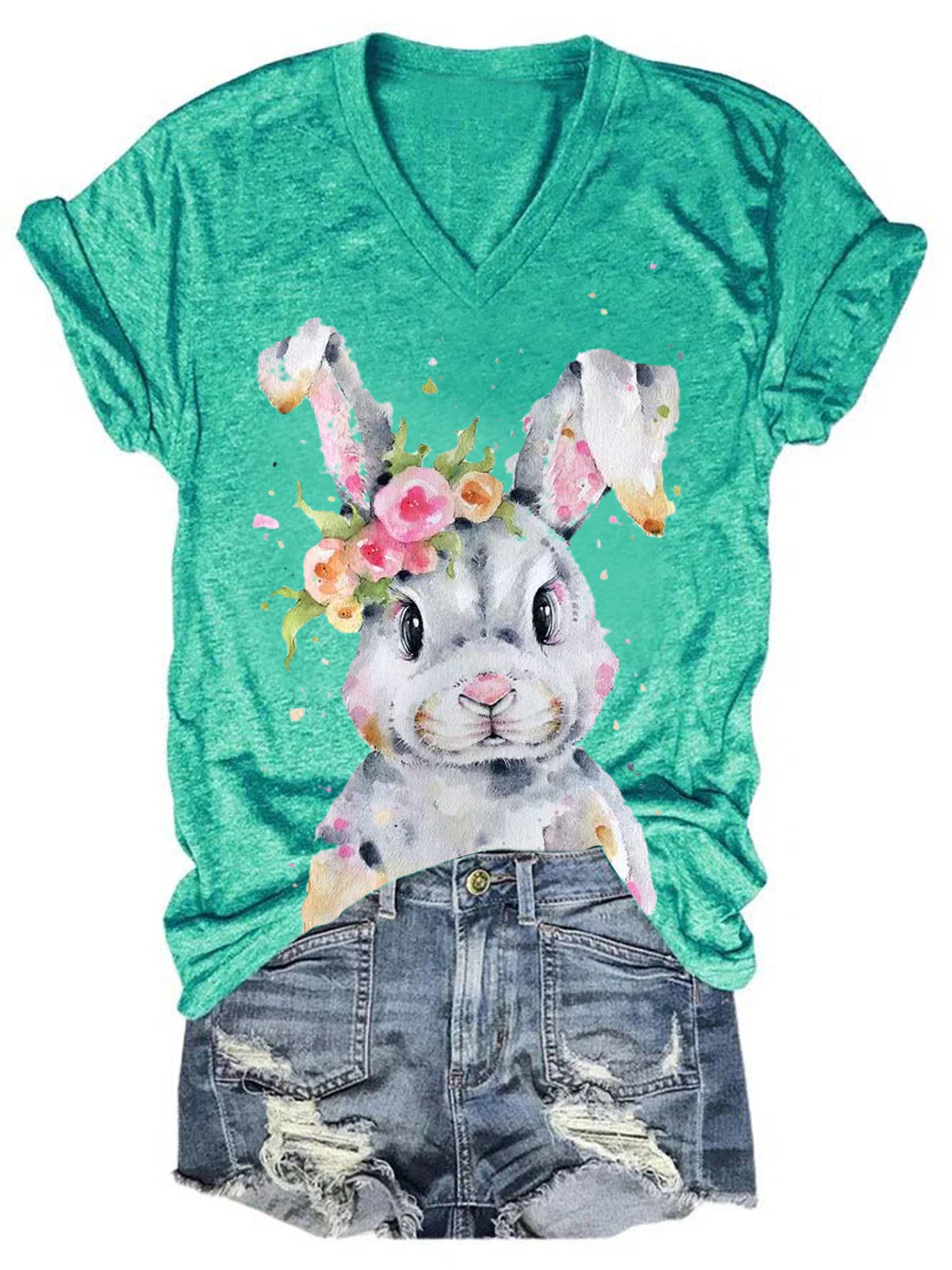 Women's Easter Bunny Print Solid T-Shirt - Image 4
