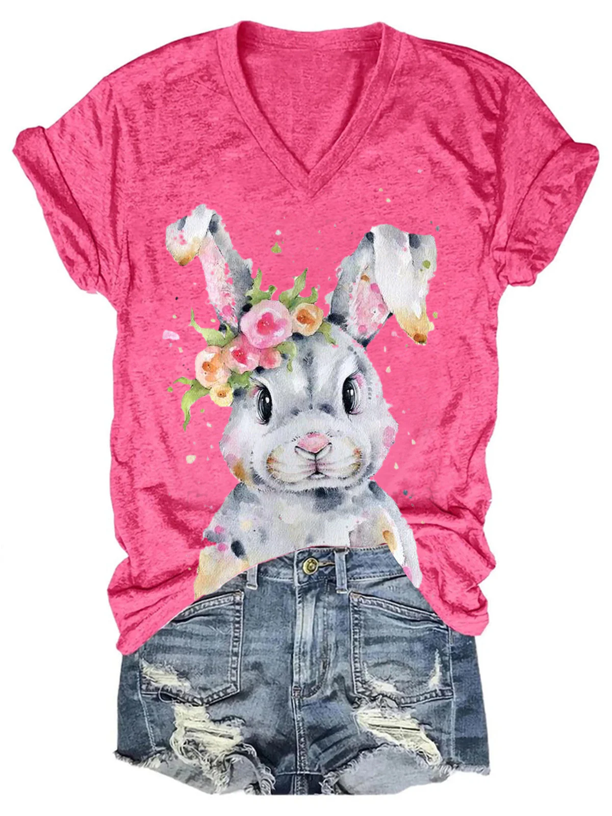 Women's Easter Bunny Print Solid T-Shirt - Image 5