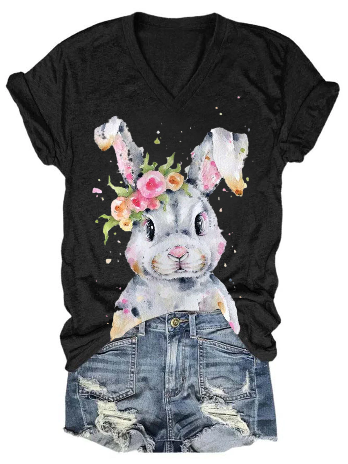 Women's Easter Bunny Print Solid T-Shirt - Image 6
