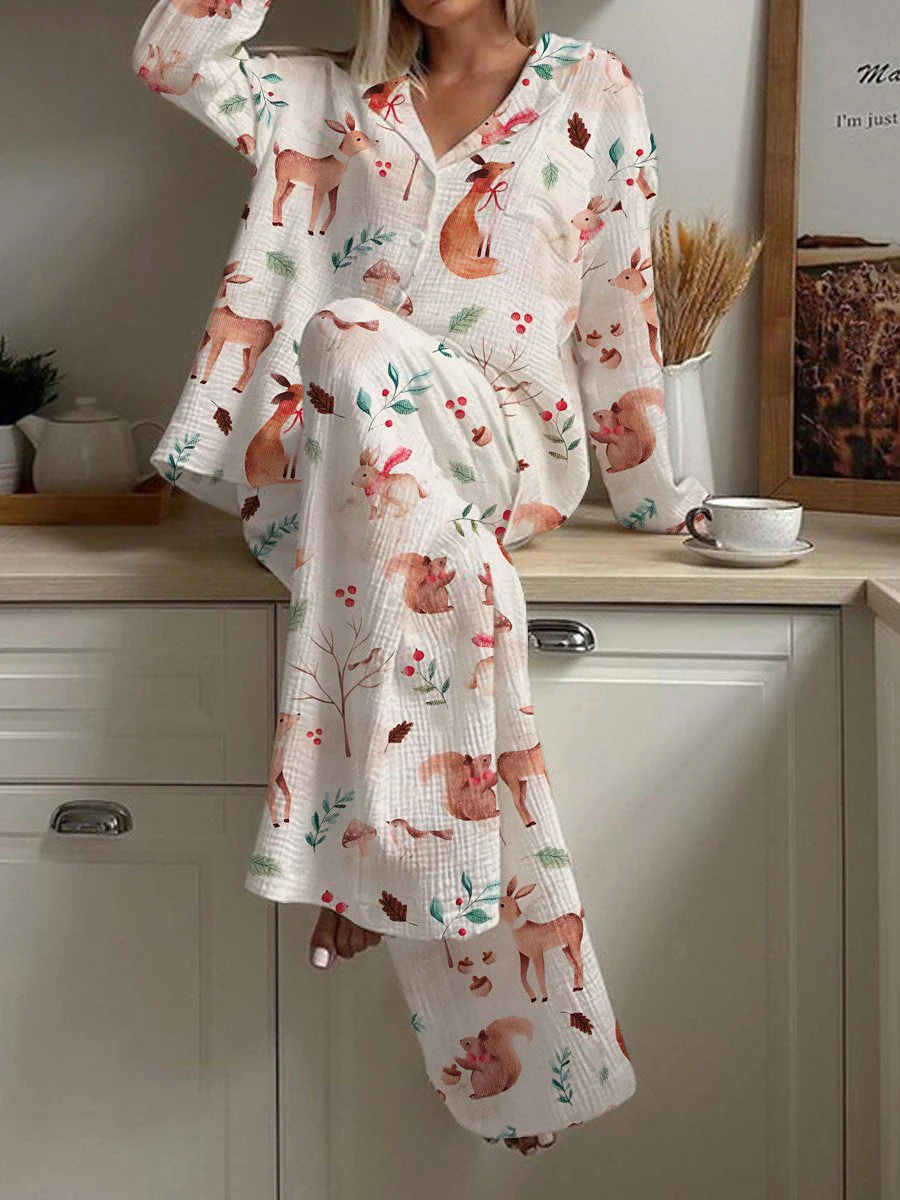 Women's Elegant Christmas Animal Print Loose Homewear Set