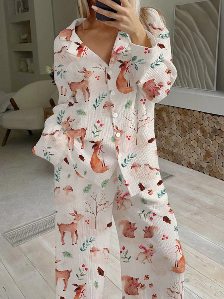 Women's Elegant Christmas Animal Print Loose Homewear Set - Image 2