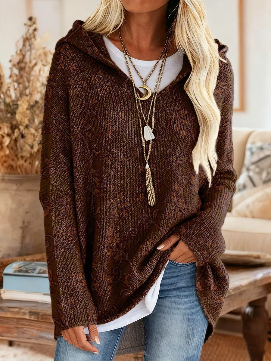 Women's Ethnic Floral Art Print Casual Knitted Hooded Tunic Top