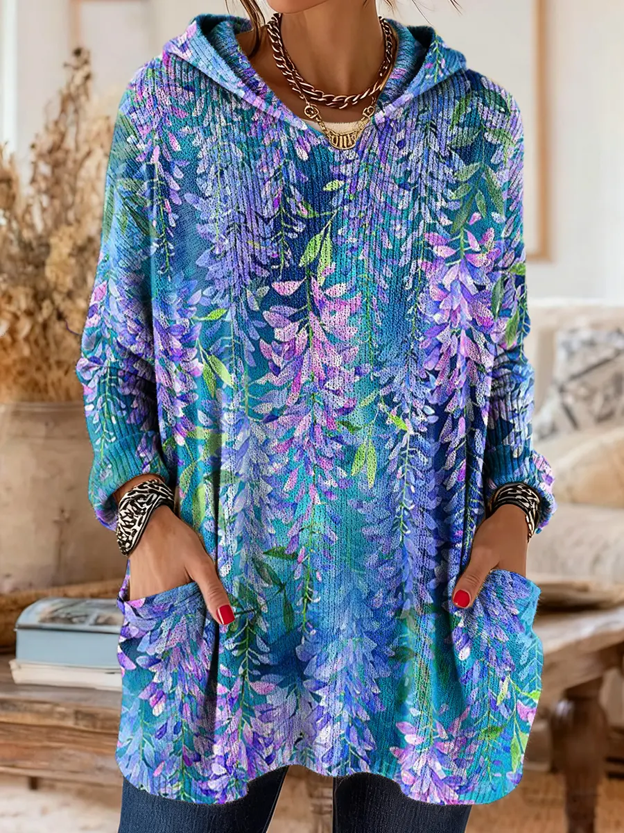 Women's Ethnic Floral Art Print Casual Knitted Pocket Hooded Tunic Top