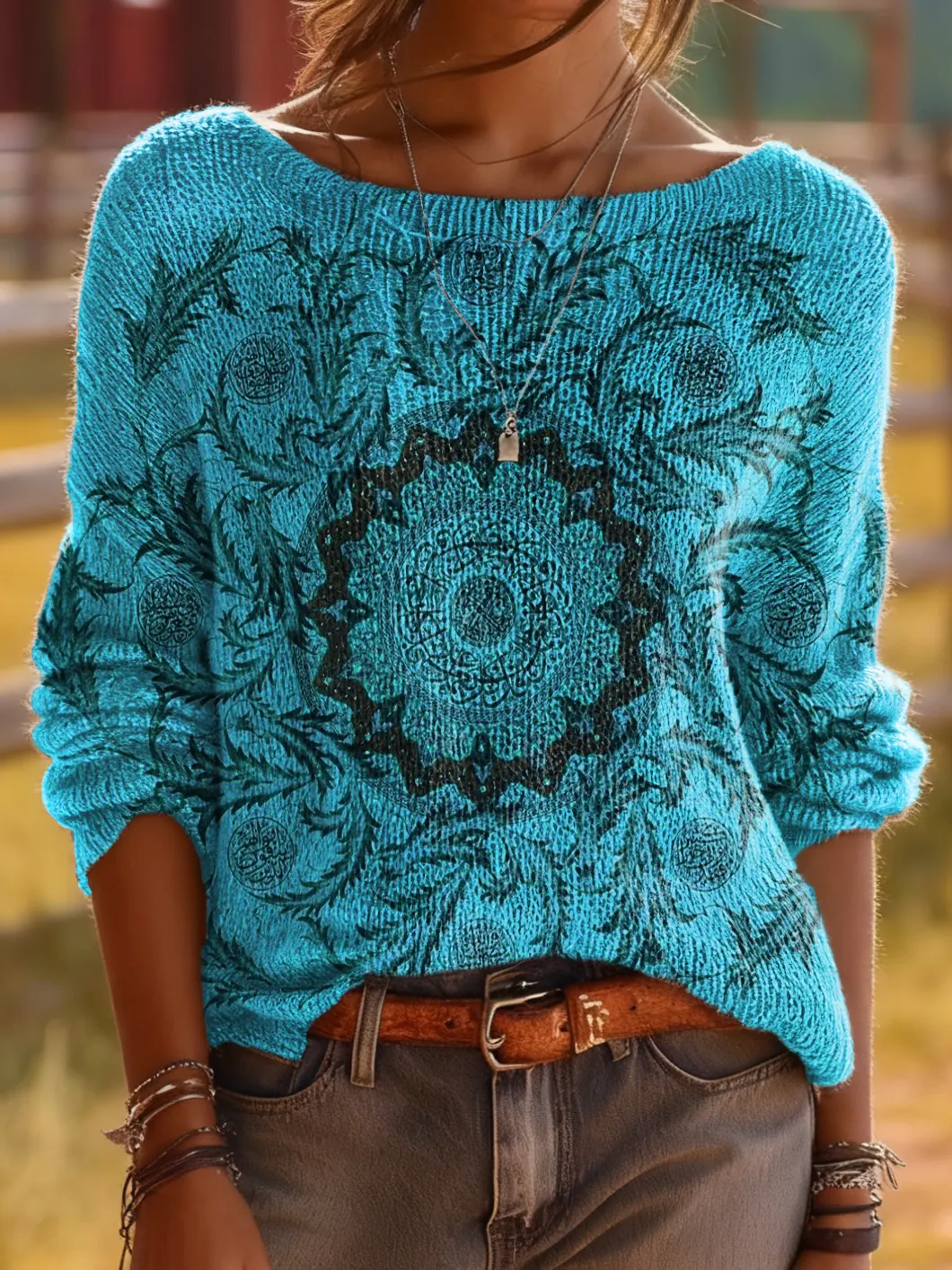 Women's Ethnic Mandala Art Pattern Printed Comfortable Crew Neck Sweater