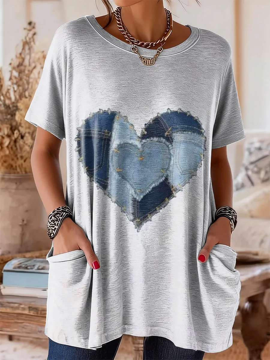 Women's Ethnic Style Heart-shaped Patchwork Art Print Casual Short-sleeved T-shirt