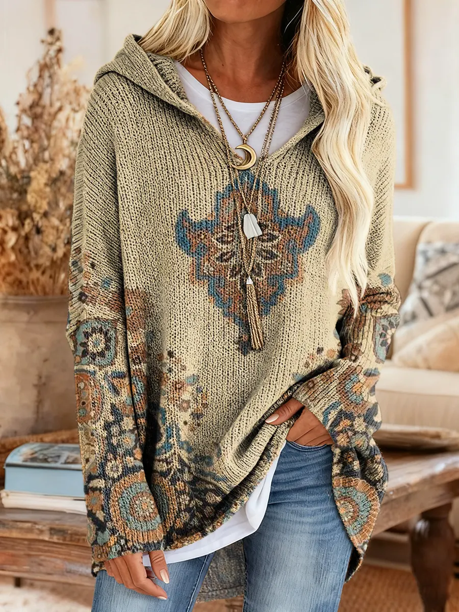 Women's Ethnic Totem Art Pattern Print Casual Knitted Hooded Tunic Top