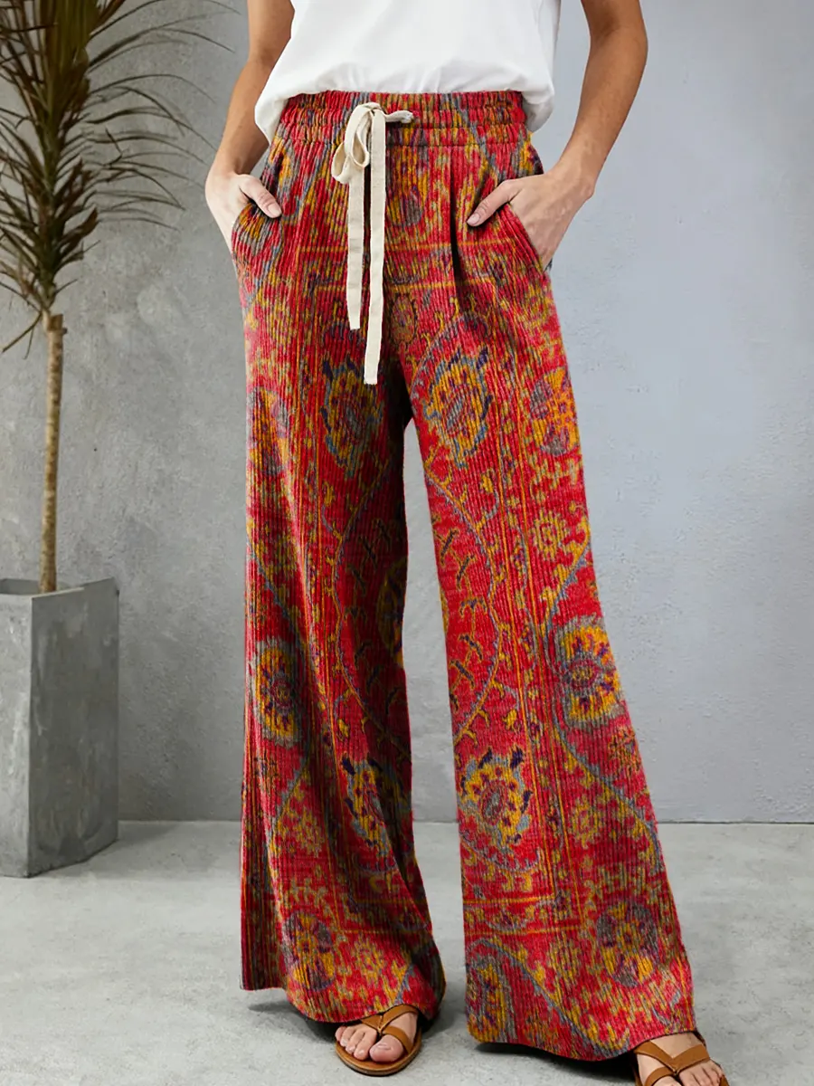 Women's Ethnic Totem Art Pattern Print Comfortable Drawstring Knit Trousers