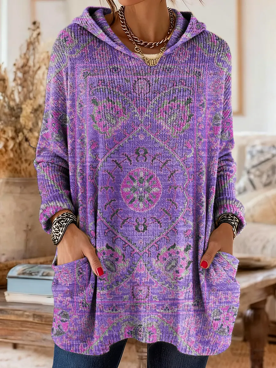 Women's Ethnic Totem Art Print Casual Knitted Pocket Hooded Tunic Top - Image 2
