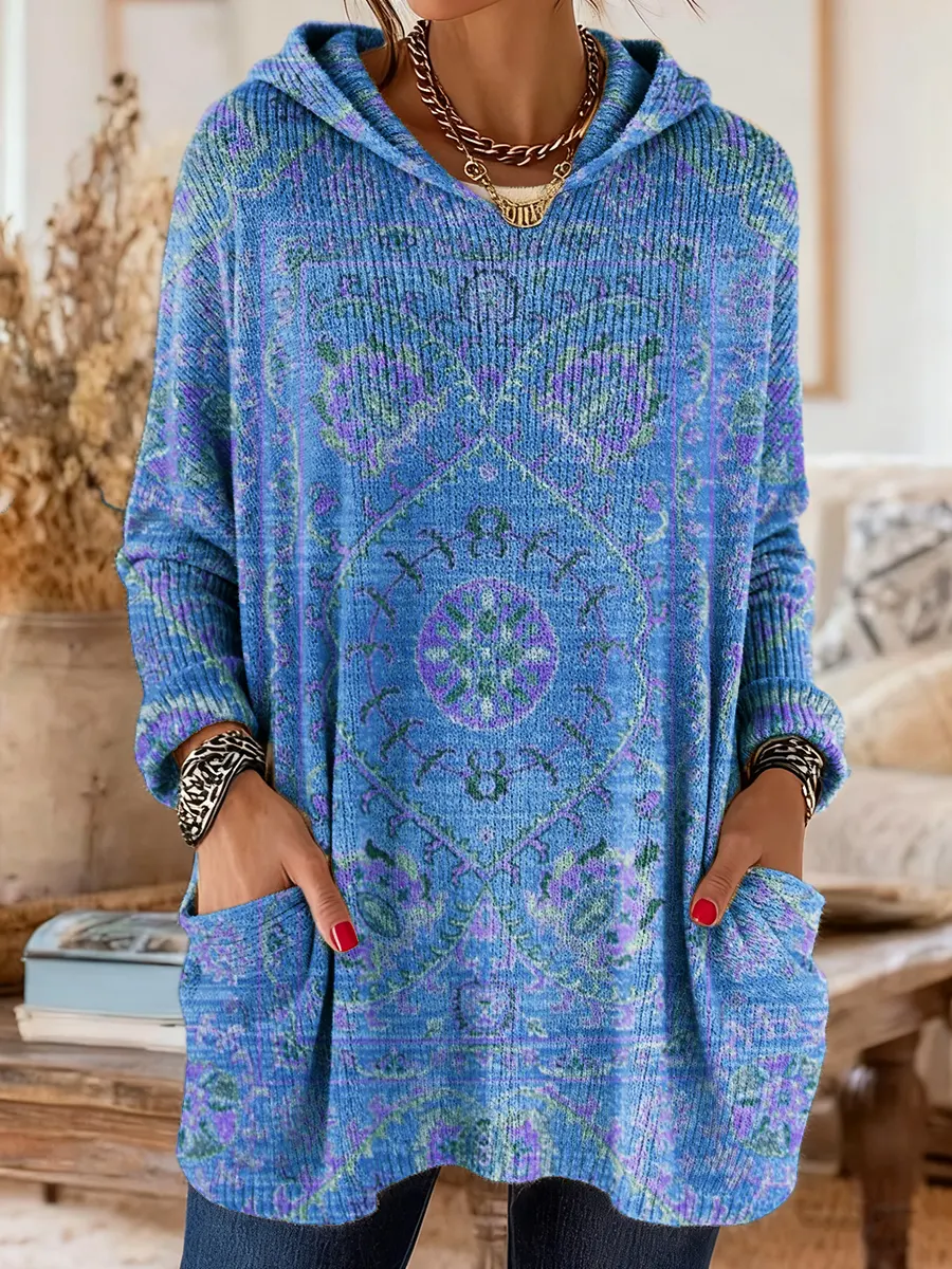 Women's Ethnic Totem Art Print Casual Knitted Pocket Hooded Tunic Top - Image 3