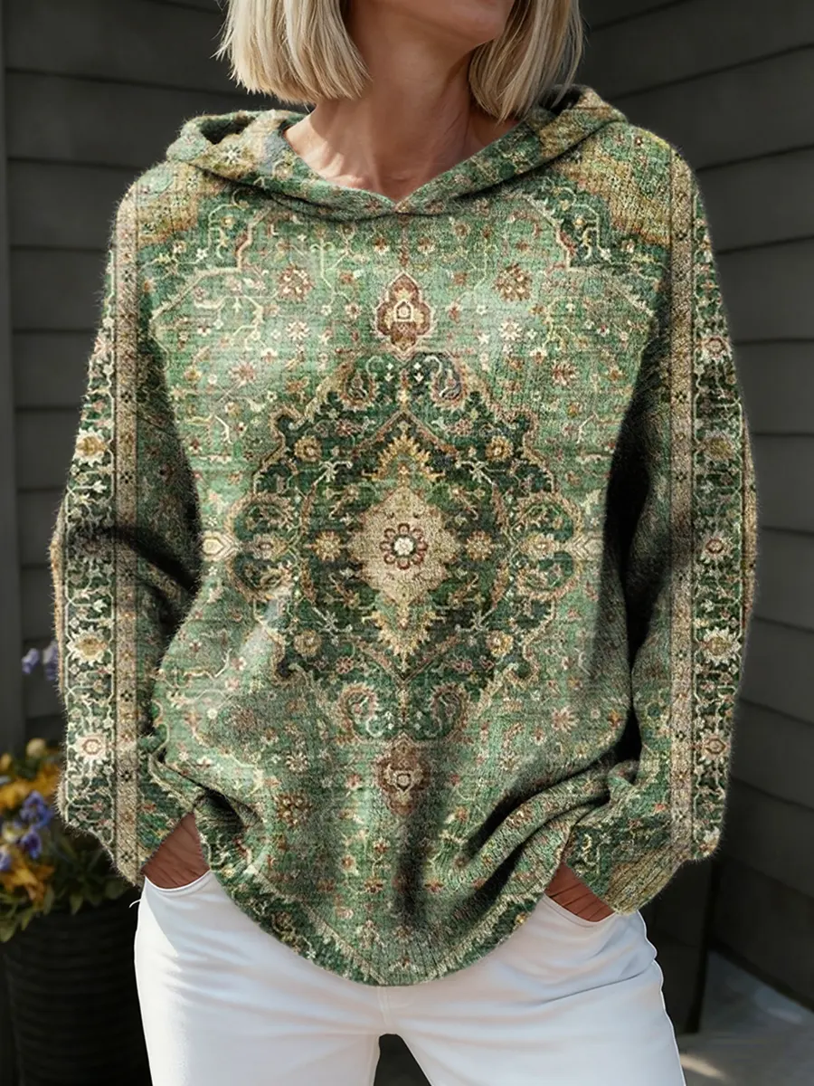 Women's Ethnic Totem Print Comfortable Hooded Knit Sweater