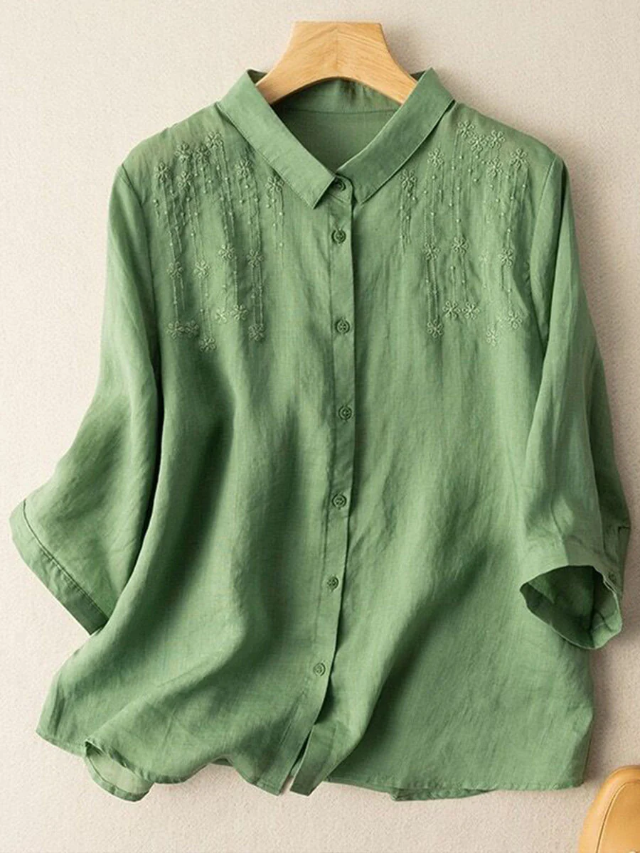 Women's Exquisite Embroidery Lapel Three-quarter Sleeves Solid Color Casual Cotton and Linen Shirt