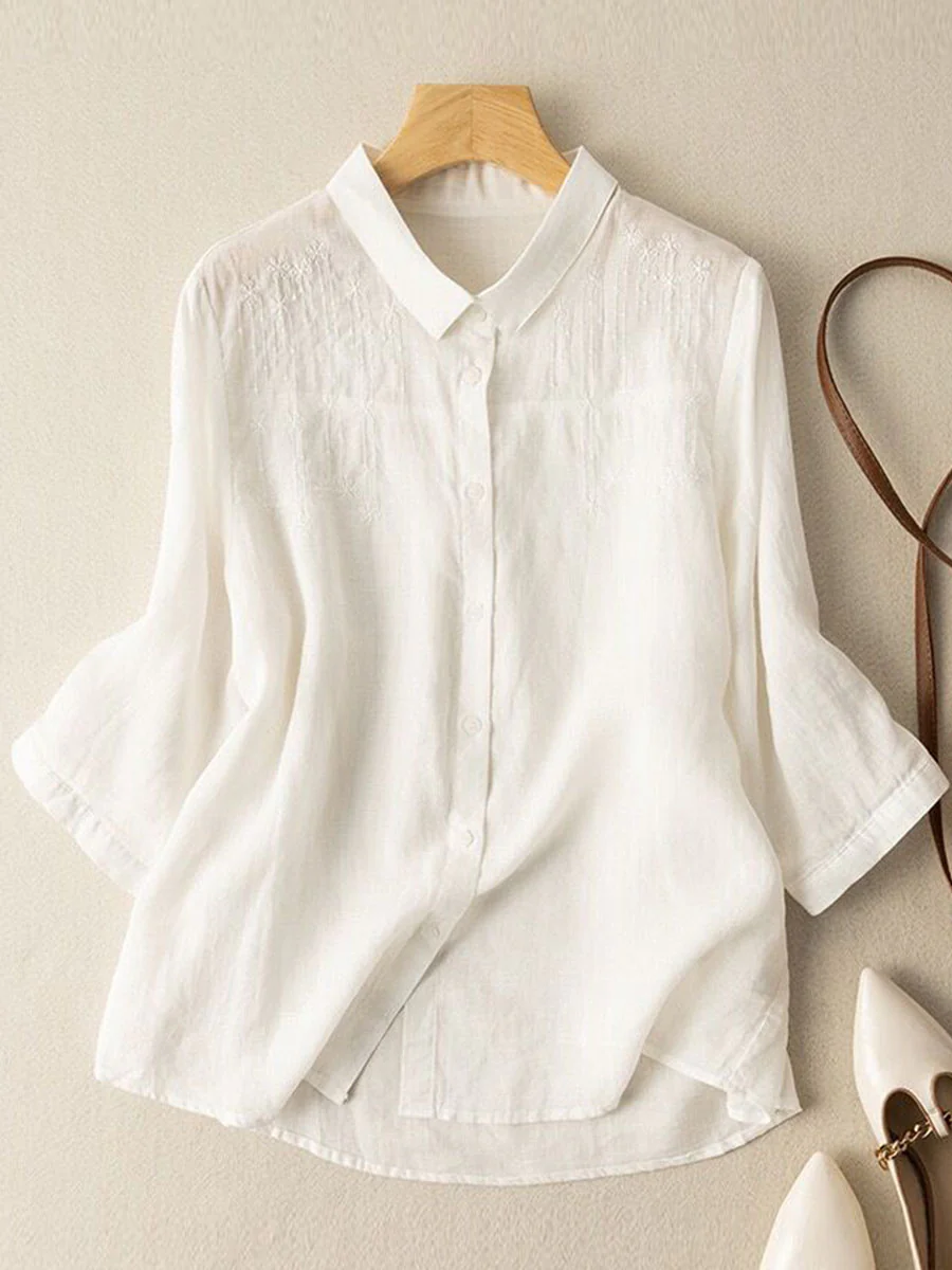 Women's Exquisite Embroidery Lapel Three-quarter Sleeves Solid Color Casual Cotton and Linen Shirt - Image 2