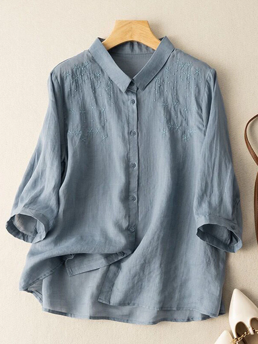 Women's Exquisite Embroidery Lapel Three-quarter Sleeves Solid Color Casual Cotton and Linen Shirt - Image 3