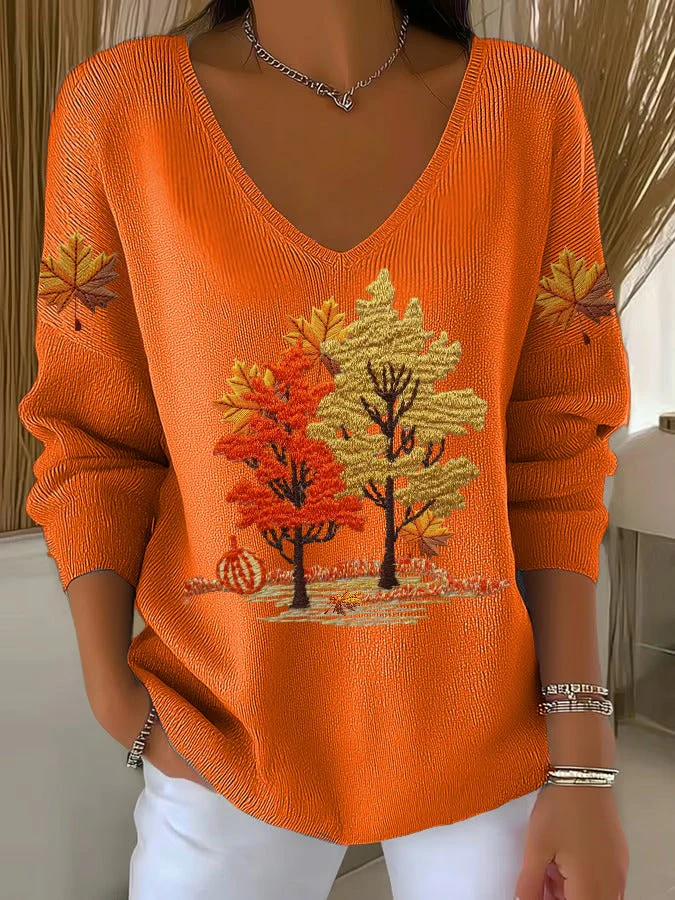 Women's Fall Maple Casual V Neck Pullover Sweater - Image 2