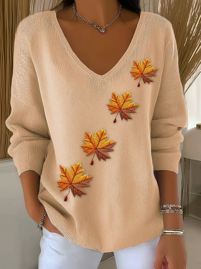 Women's Fall Maple Leaf Casual V Neck Pullover Sweater - Image 2