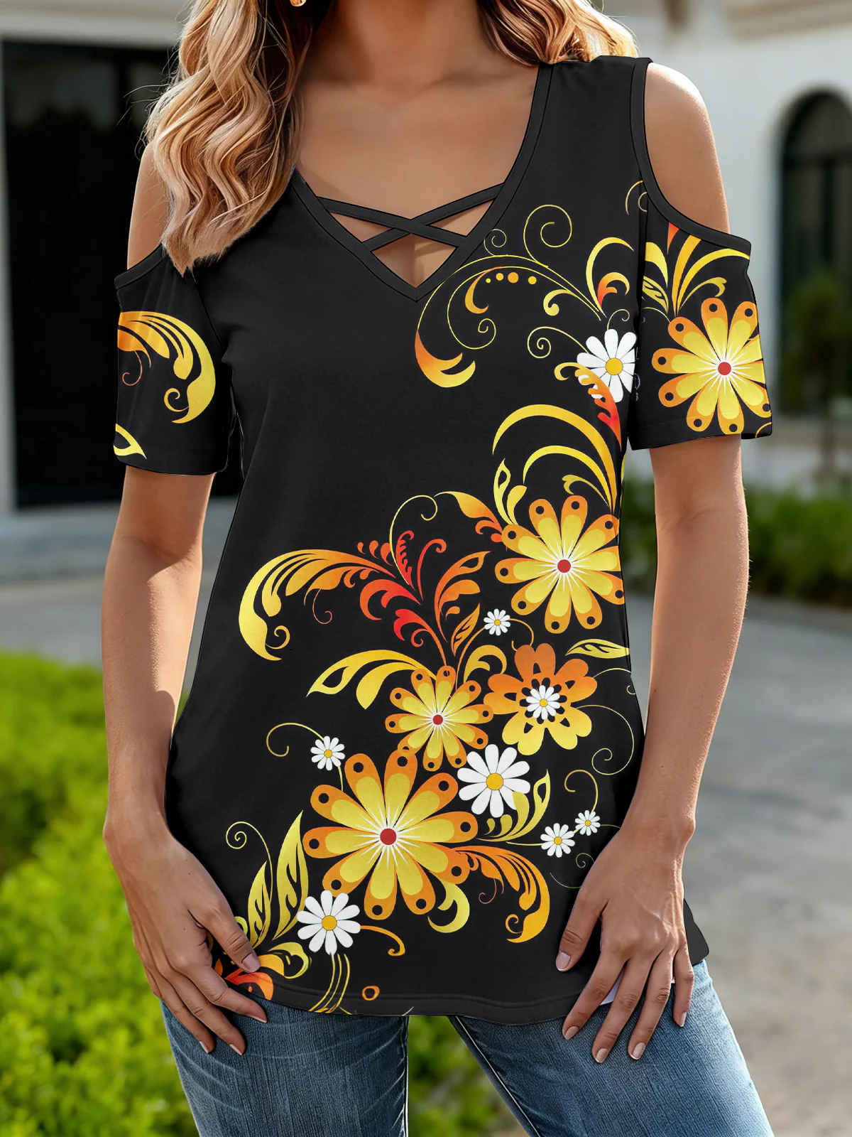 Women's Fantasy Flower Off-Shoulder V-Neck T-Shirt