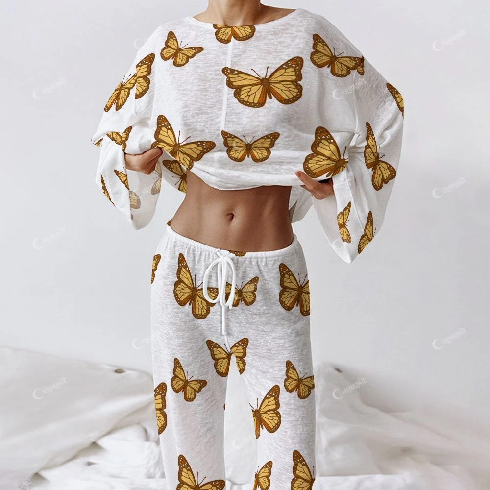 Women's Fashion Brown Butterfly Long Sleeve Cotton Homewear Set