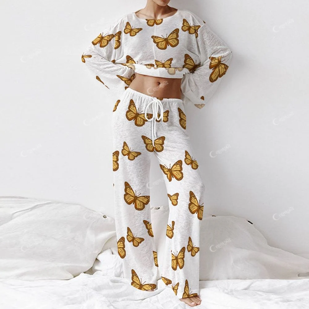 Women's Fashion Brown Butterfly Long Sleeve Cotton Homewear Set - Image 2