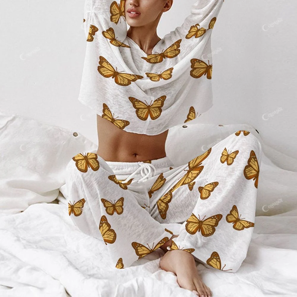 Women's Fashion Brown Butterfly Long Sleeve Cotton Homewear Set - Image 3