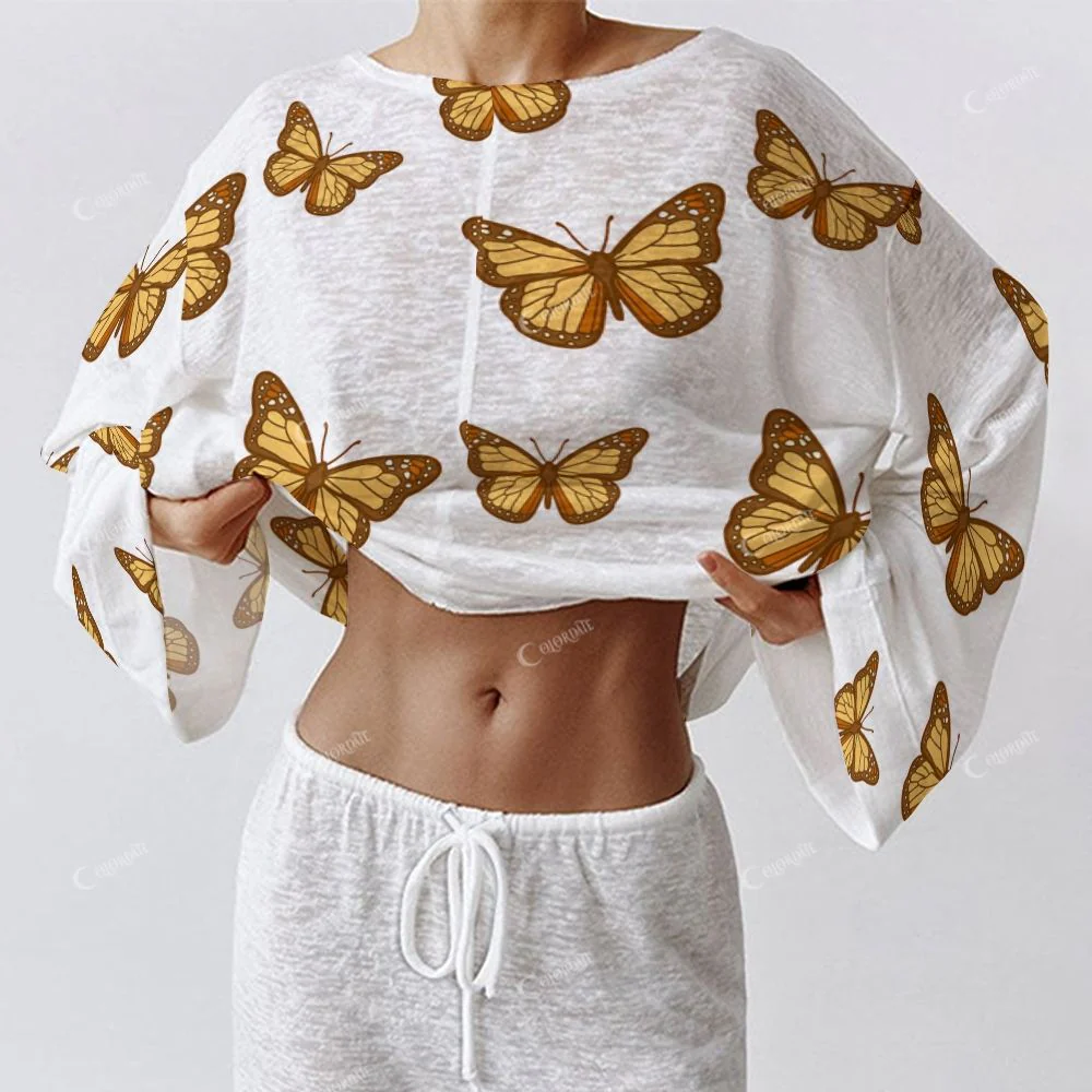 Women's Fashion Brown Butterfly Long Sleeve Cotton Homewear Set - Image 4