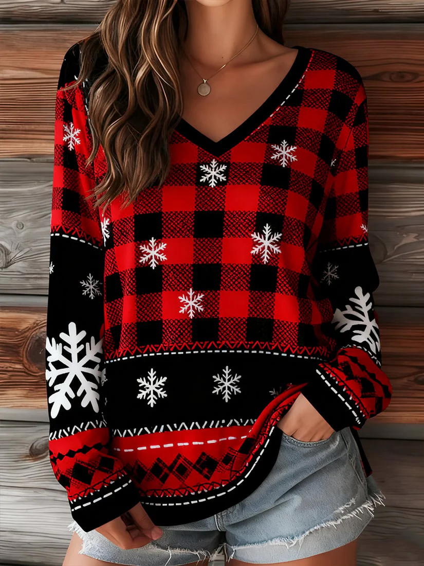 Women's Fashion Casual Christmas V-neck Long-sleeved T-shirt