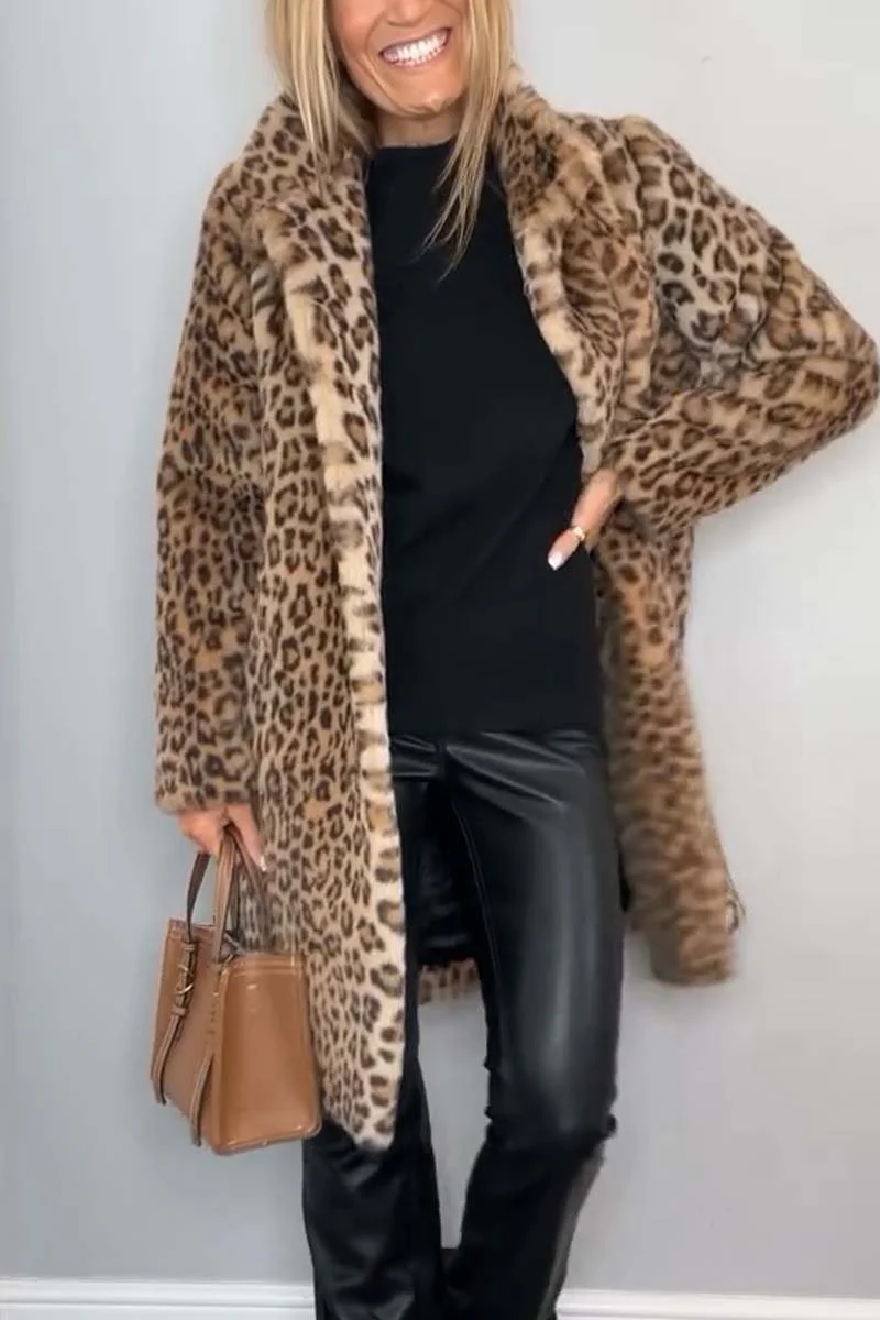 Women's Fashionable Leopard Lapel Faux Fur Winter Mid-Length Coat - Image 3
