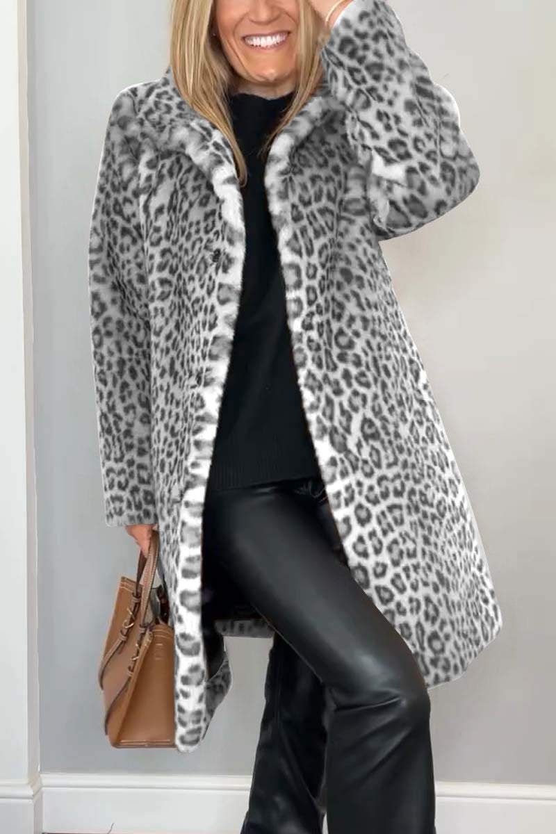 Women's Fashionable Leopard Lapel Faux Fur Winter Mid-Length Coat - Image 5